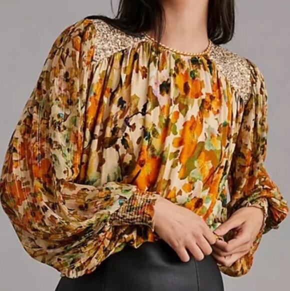 bl^nk Tops - BL-NK LONDON  x Anthropologie Sequin-Embellished Small Yellow Gold Blouse Floral